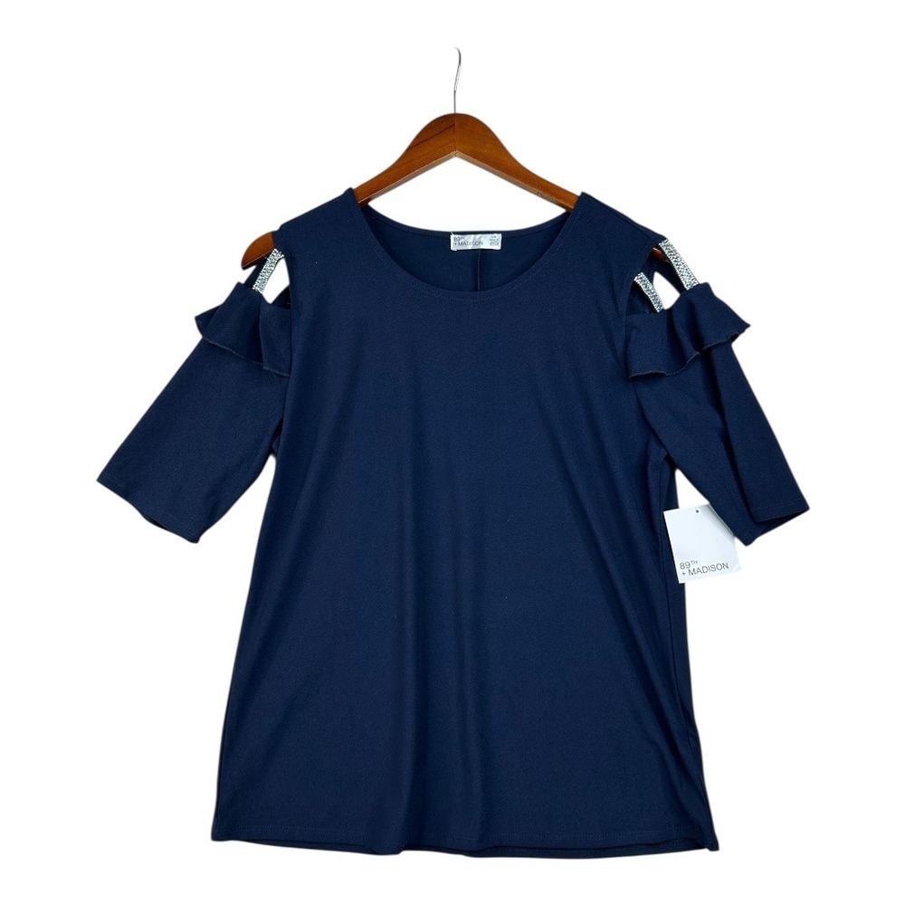 New 89th Madison Cold‎ Shoulder Half Sleeve Blouse size Large Blue